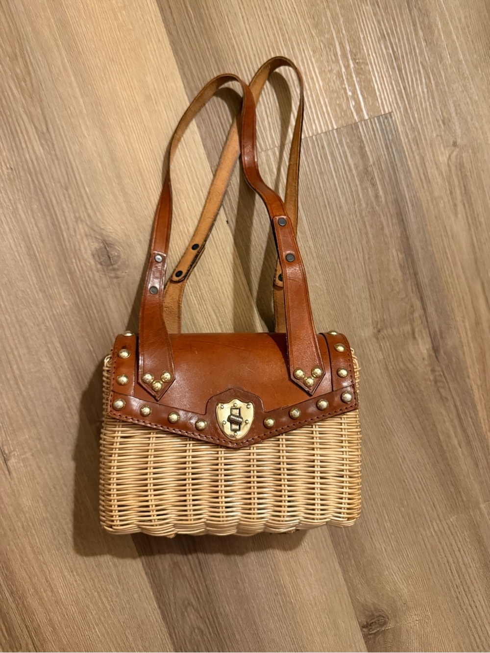 Vintage Woven Basket Shoulder Bag with Brown Leather Trim